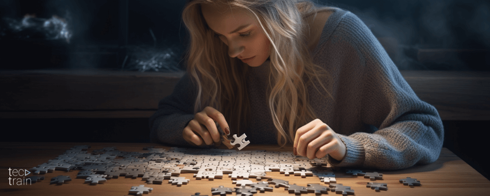 Woman trying to assemble a puzzle without seeing the picture on the box.
