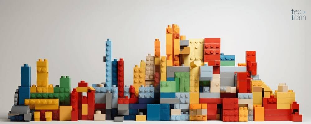 LEGO blocks, Each block (or component) has its own shape and purpose, but when combined, they can create a vast array of structures